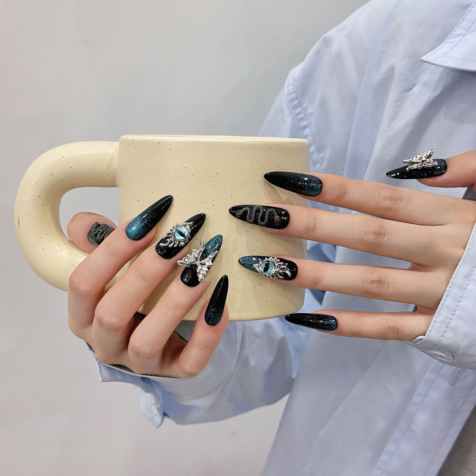 Unhas postiças artesanais Real Shot Tridimensional Snake Court Verde Escuro Personalidade Escura Unhas postiças Removíveis | 365nails