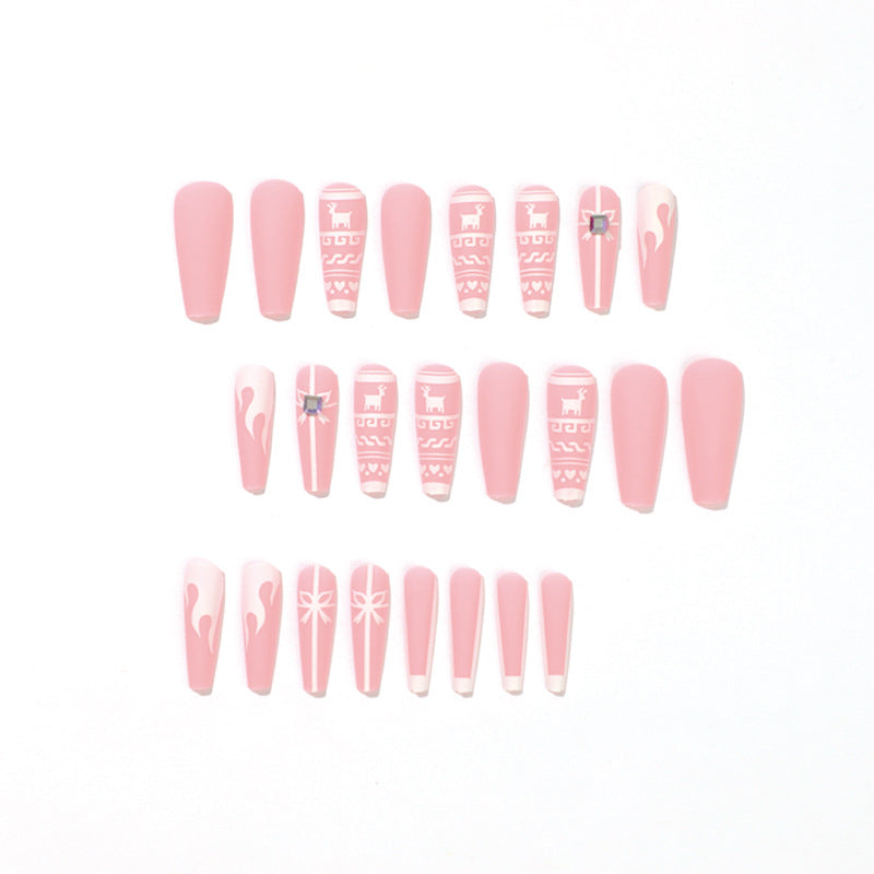 Wear nail pads Elk Christmas fake nails Pink white contrasting rhinestone nail pads Wholesale nail pads｜365nails