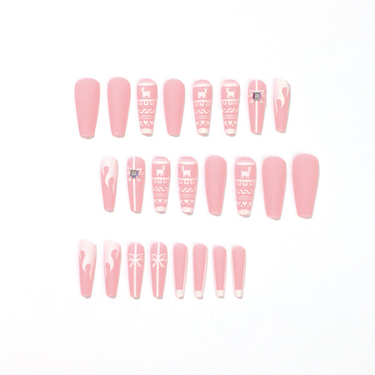 Wear nail pads Elk Christmas fake nails Pink white contrasting rhinestone nail pads Wholesale nail pads｜365nails