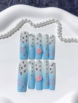 Blue Ombre Floral Crystal Elegant Press On Nails