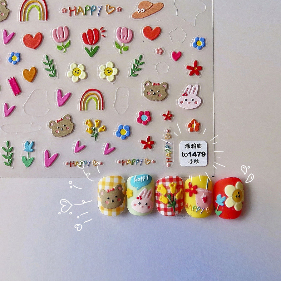 Cute Bunny & Bear Collection: "Happy Garden" – 3D Embossed Nail Sticker