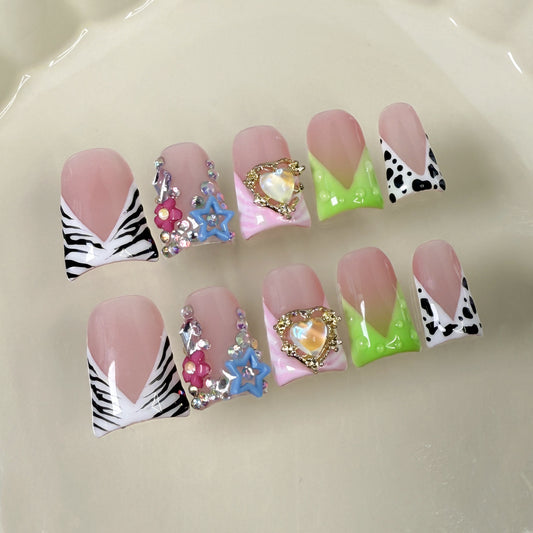 Duck Beak Nail Symphony Sweetheart Zebra Pattern Polka Dot Nail Art Ice Clear Cute Handmade press on nails Fake Nails｜365nails