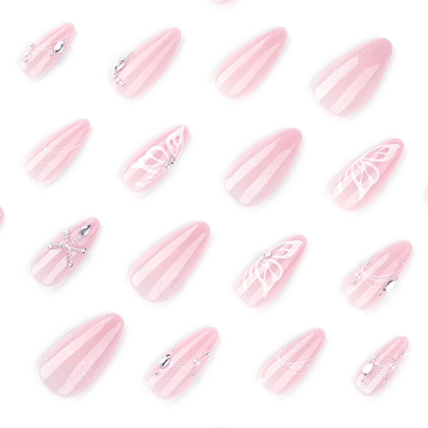 Naked pink cat eye sparkle butterfly short almond press-on nails