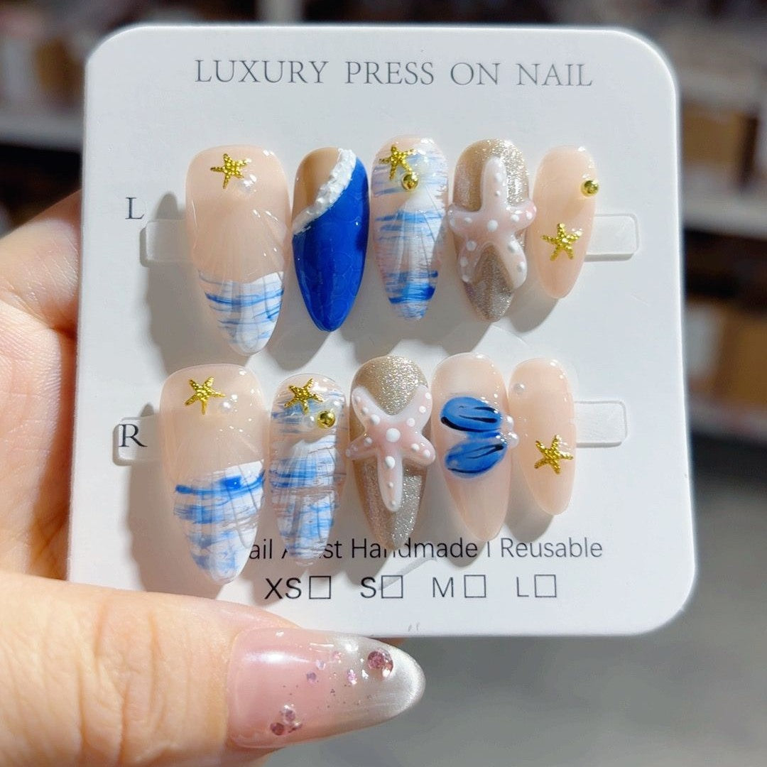 365nails 海岸逃逸：「貝殼海星」— 杏仁形手工製3D雕刻穿戴甲