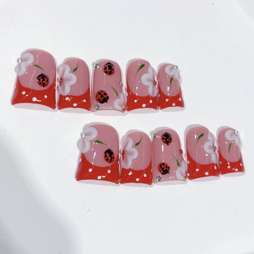 Whimsical Garden: "Ladybug Blossom" – Square Shape Handmade Press-On Nails