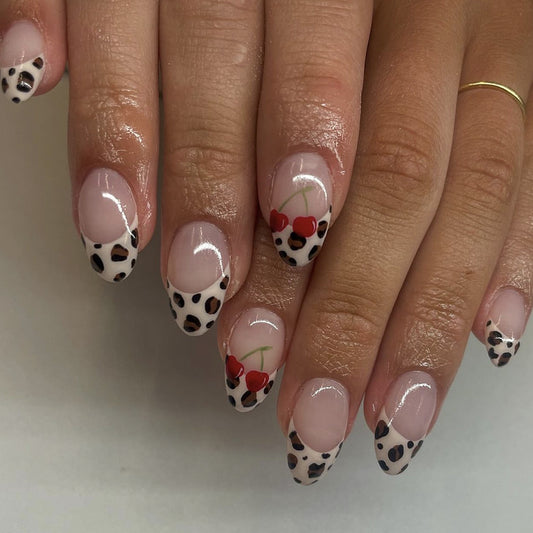 Simple French Leopard Print Nail Art False Nails Cherry Wear Nail Repeatable Nail Sheet Press on nails｜365nails