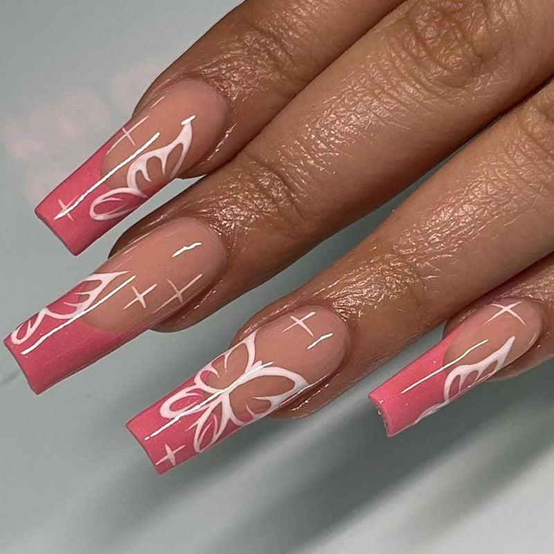 Unhas postiças longas de balé com borboleta rosa por atacado ｜365nails
