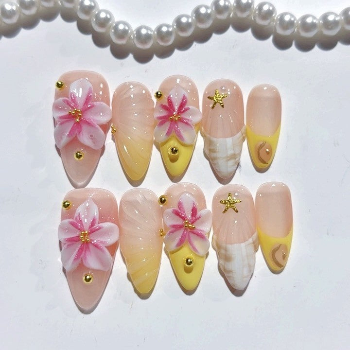 365nails-Beach Blossom: "3D Floral & Shell" – Medium Almond Handmade Nails