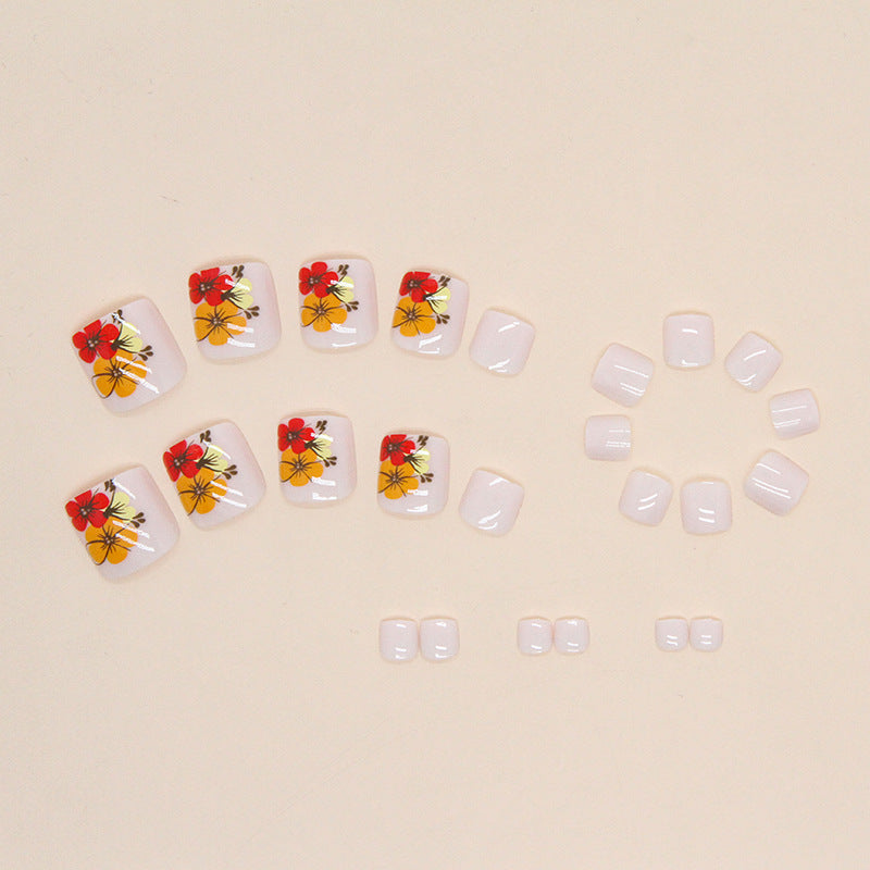 豐盛花卉｜夏日彩色橘白甜美可拆卸足用穿戴甲｜365nails