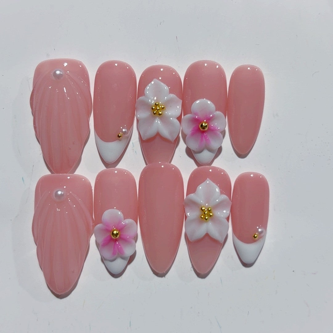 365nails 櫻花夢：「櫻花貝殼」— 杏仁形手工製3D雕刻穿戴甲