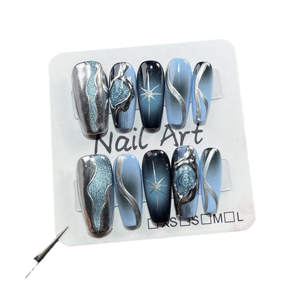 Unhas postiças artesanais pretas e azuis, mudança gradual tridimensional, olho de gato, pistola de pulverização avançada, adesivo médio e longo｜365nails