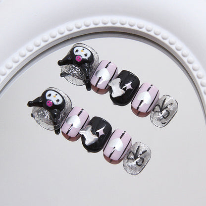 Cute sweet cool girl flash bow love playful white ins wind fake nails kids nails｜365nails
