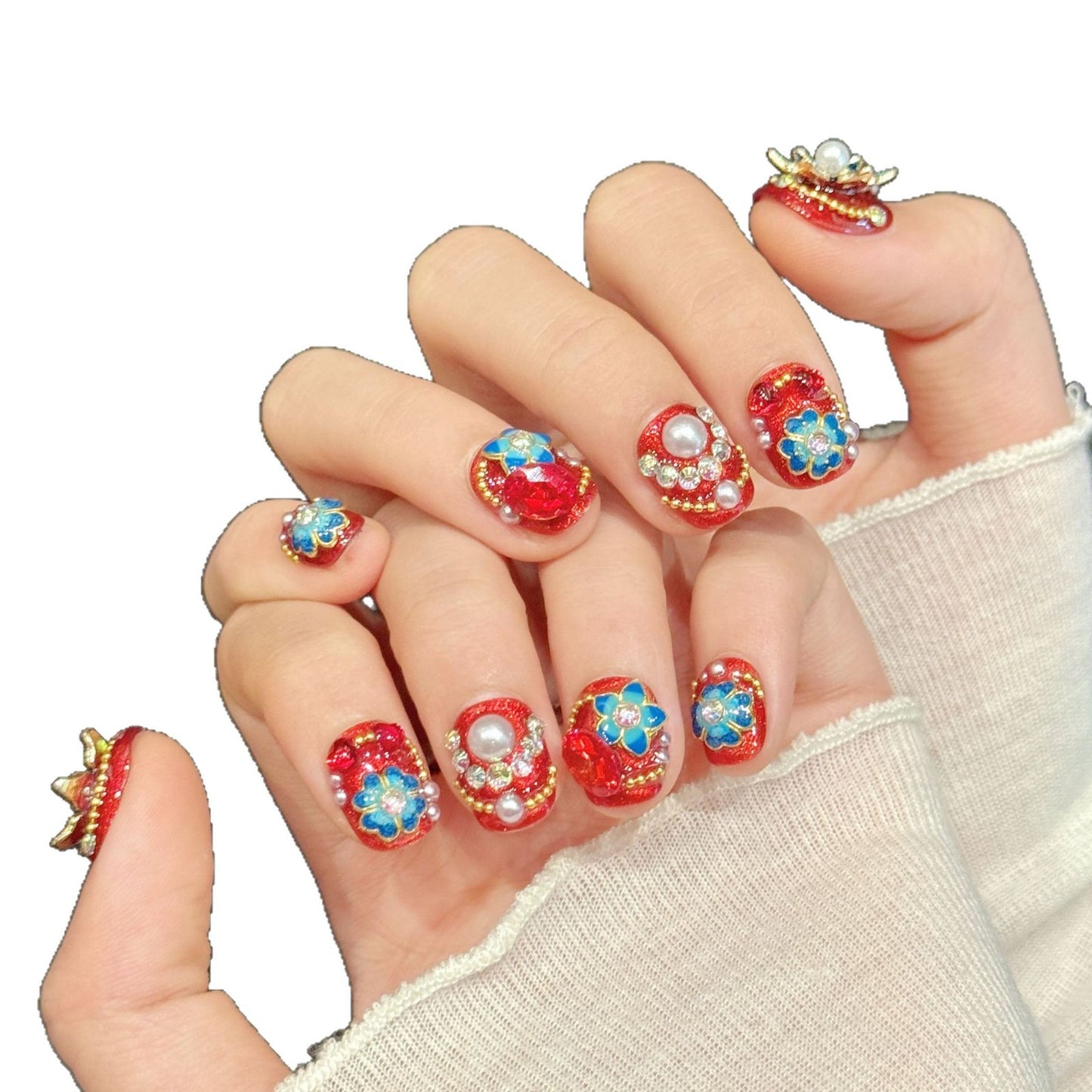 Red Pearl Floral Luxe Embellished Nails