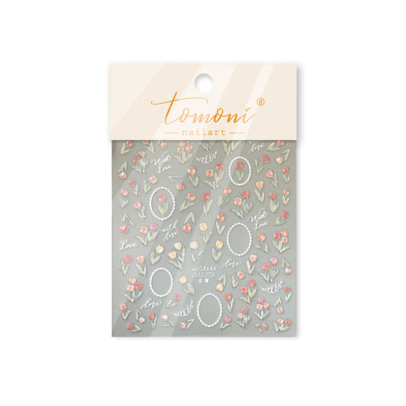 Pastel Tulip & Love Phrase: "Romantic Tulip Garden" – 5D Embossed Nail Sticker