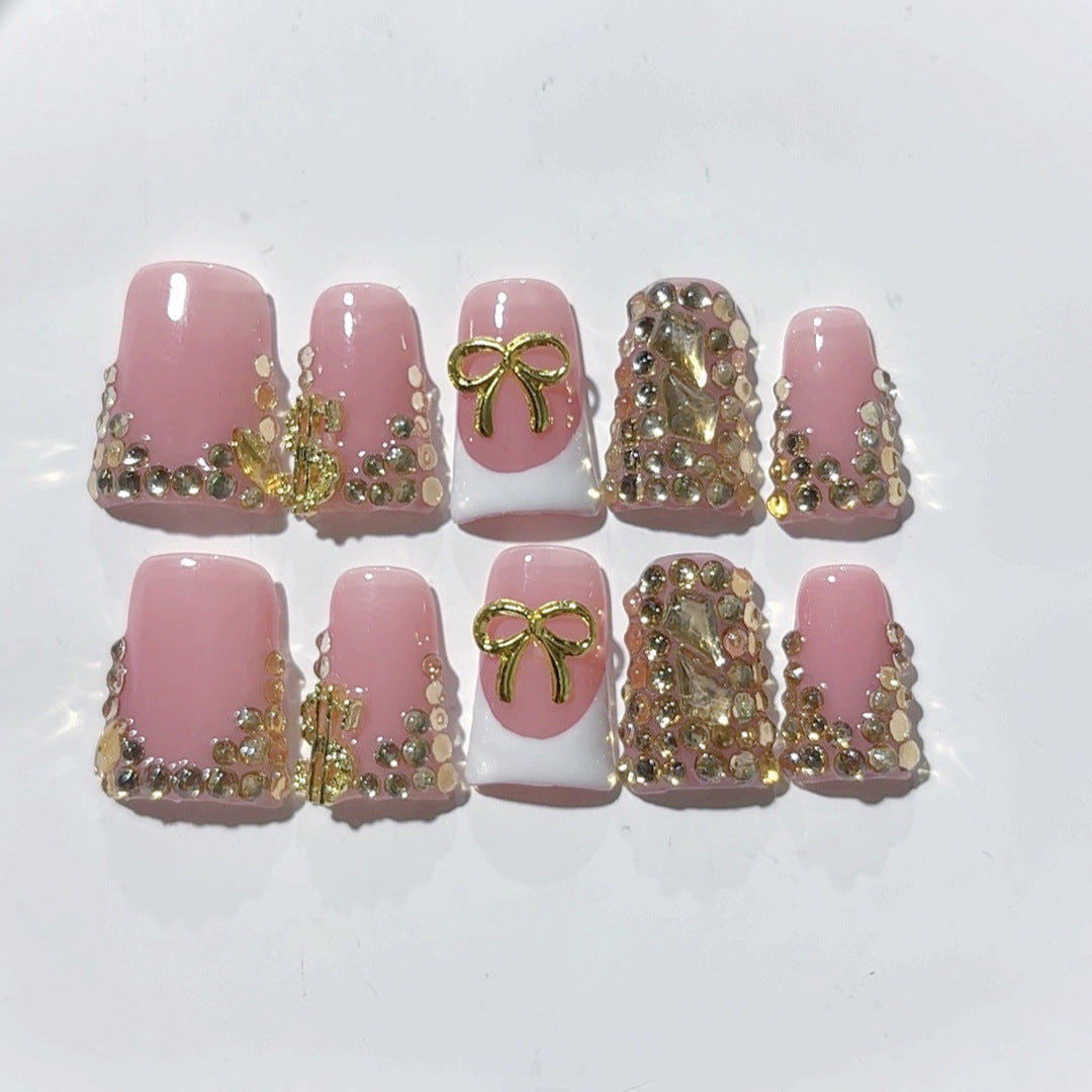 Rich Bling: "Golden Bow & Dollar" – Square Press-On Nails