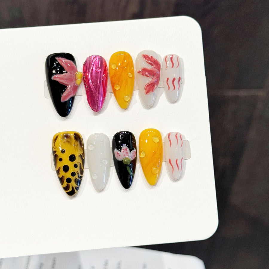 365nails: "Tropical Bloom" – 3D Floral & Leopard Print Handmade Almond Nails