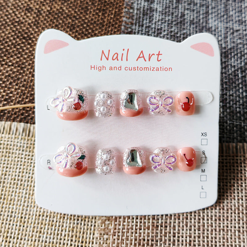 365nails: "sparkling peach cherry" – short round handmade kids press-on nails