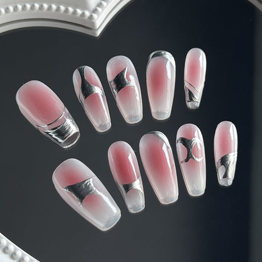 Handmade press-on nails blush metal medium and long white Internet celebrity nail art finished nail piece press-on nails fake nail patch｜365nails