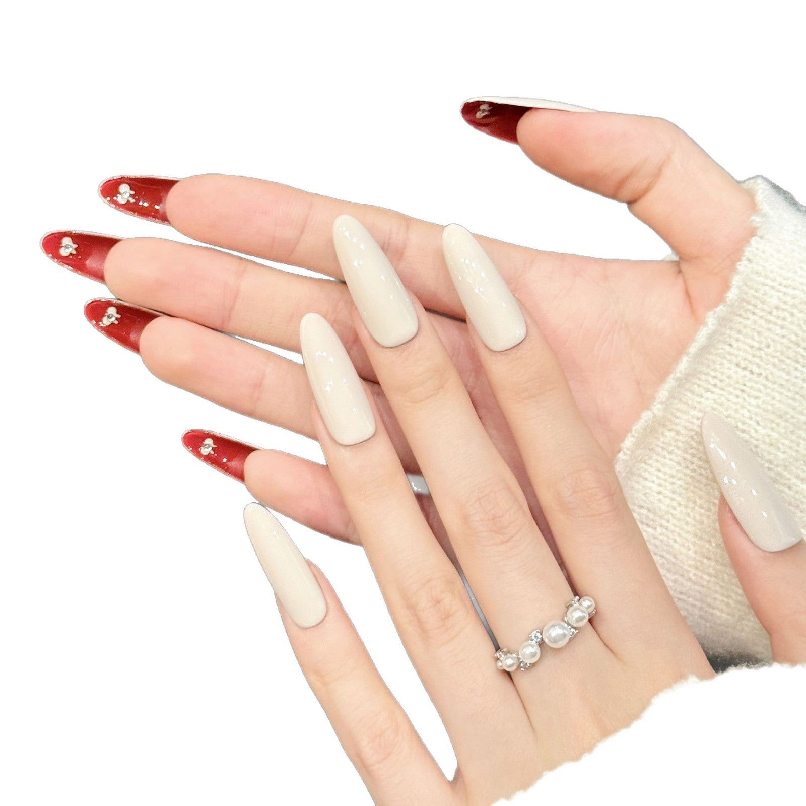 Velvet Red Nude Minimal Crystal Press On Nails