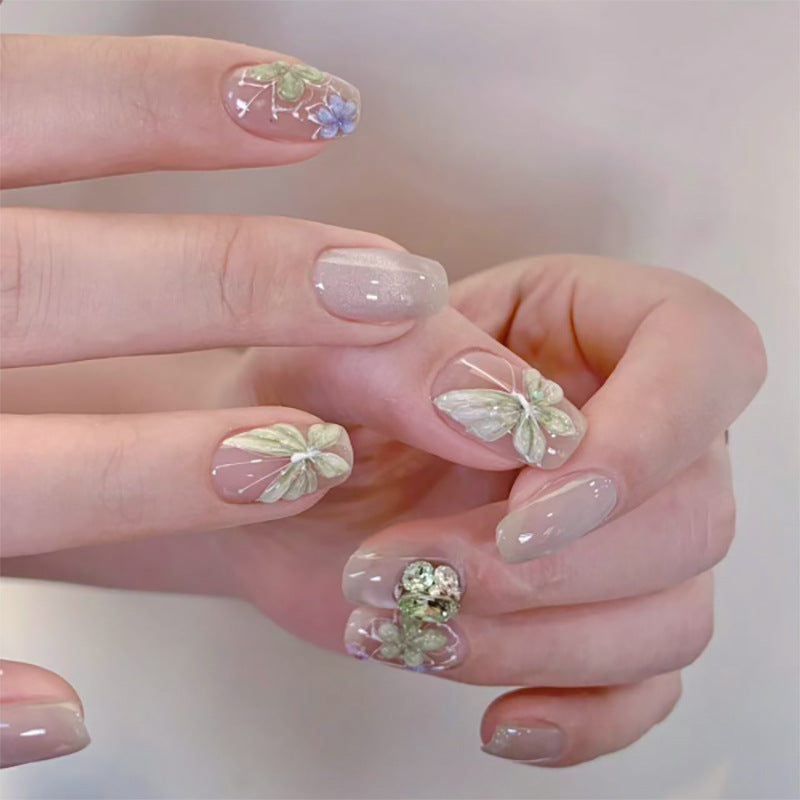 3D three-dimensional fresh flower cat's eye short ballet press-on nails