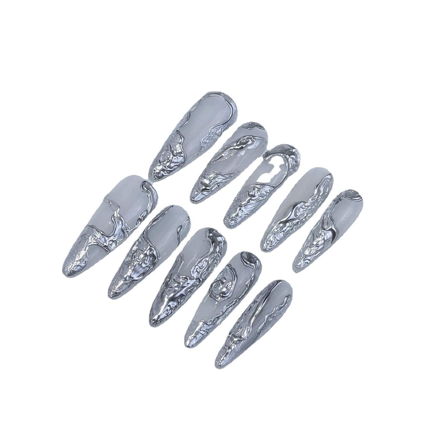 Irregular three-dimensional metal Spice Girl handmade press-on nails advanced cold-tone silver magic mirror powder finished nail patch｜365nails