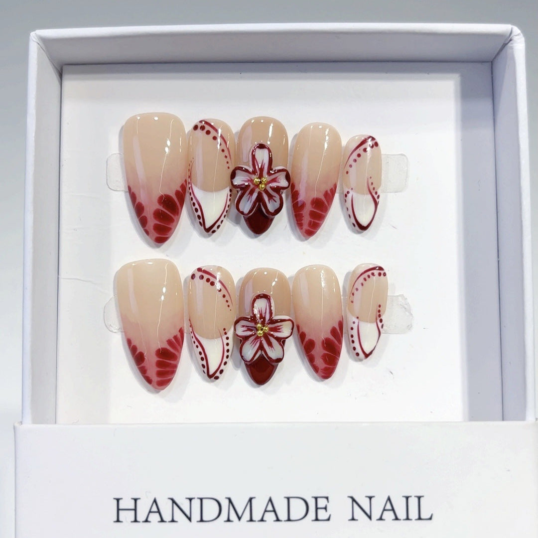 Fleur vintage : « Orchidée bordeaux » – Ongles press-on forme amande