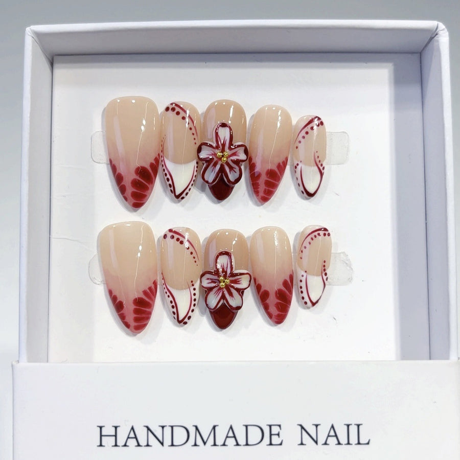 Vintage Bloom: "Burgundy Orchid" – Almond Press-On Nails
