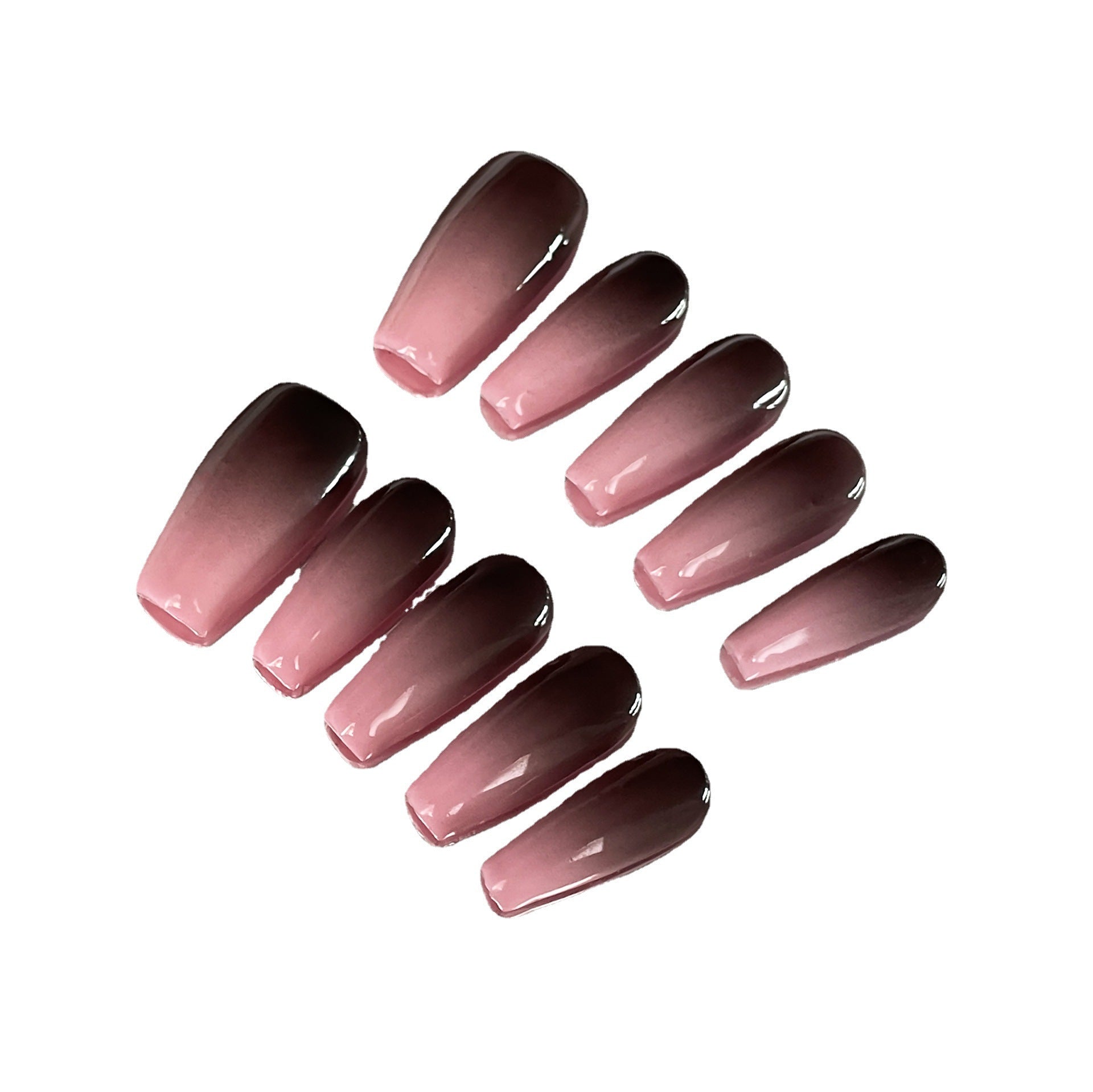 Unhas postiças artesanais puras com pó preto simples, mudança gradual, adesivo para unhas médias e longas, atacado｜365nails