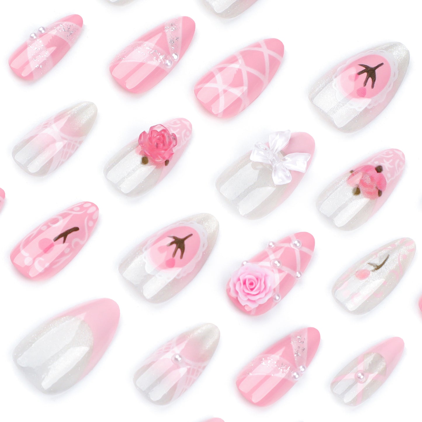 Pó de manicure francesa fofa para meninas, flores tridimensionais, unhas postiças com fita de tulipa, produto acabado, atacado ｜ 365nails