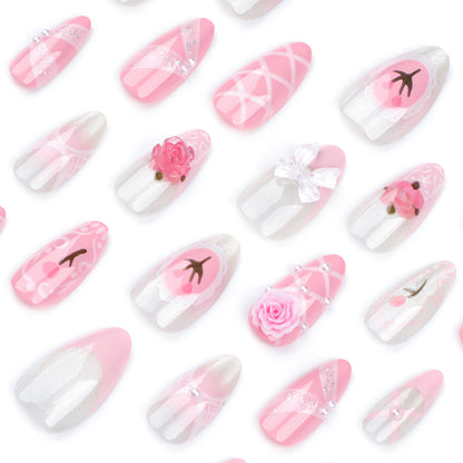 Pó de manicure francesa fofa para meninas, flores tridimensionais, unhas postiças com fita de tulipa, produto acabado, atacado ｜ 365nails