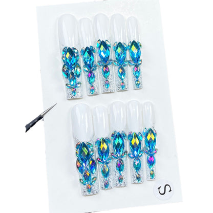 Flash full of diamonds, Handmade press on nails,  super long water pipe nail, heavy industry French manicure｜365nails