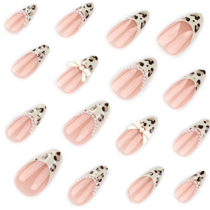 Almond French Leopard Print Short Pearl Bow press-on nails