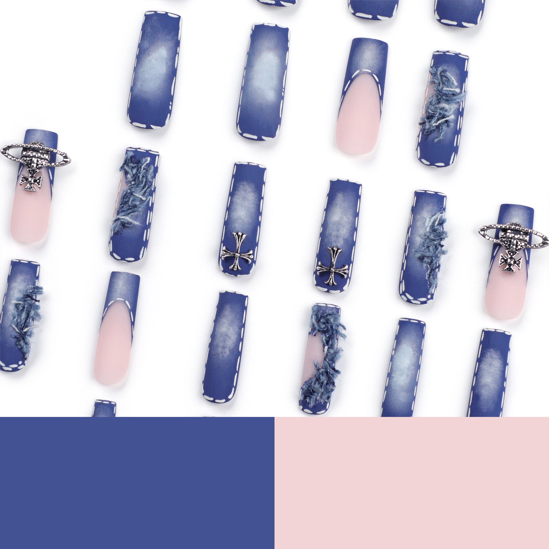 Unhas postiças azuis jeans rasgadas, franjas cruzadas, unhas francesas extra longas removíveis, produto finalizado no atacado ｜ 365nails