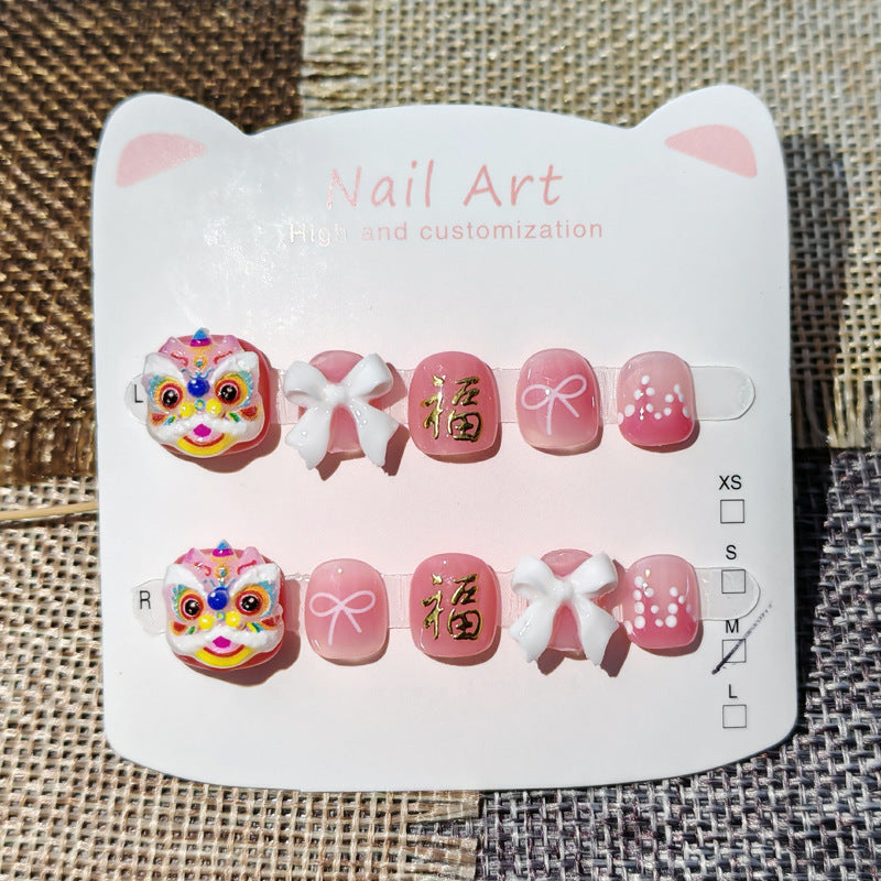 365nails: "pink lucky lion dance" – short round handmade kids press-on nails