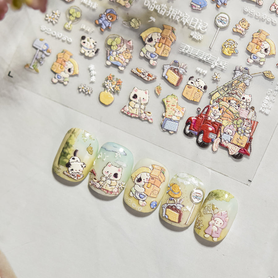 Cute Cartoon Cat & Town: "Meow Town Diary" – 5D Embossed Nail Sticker