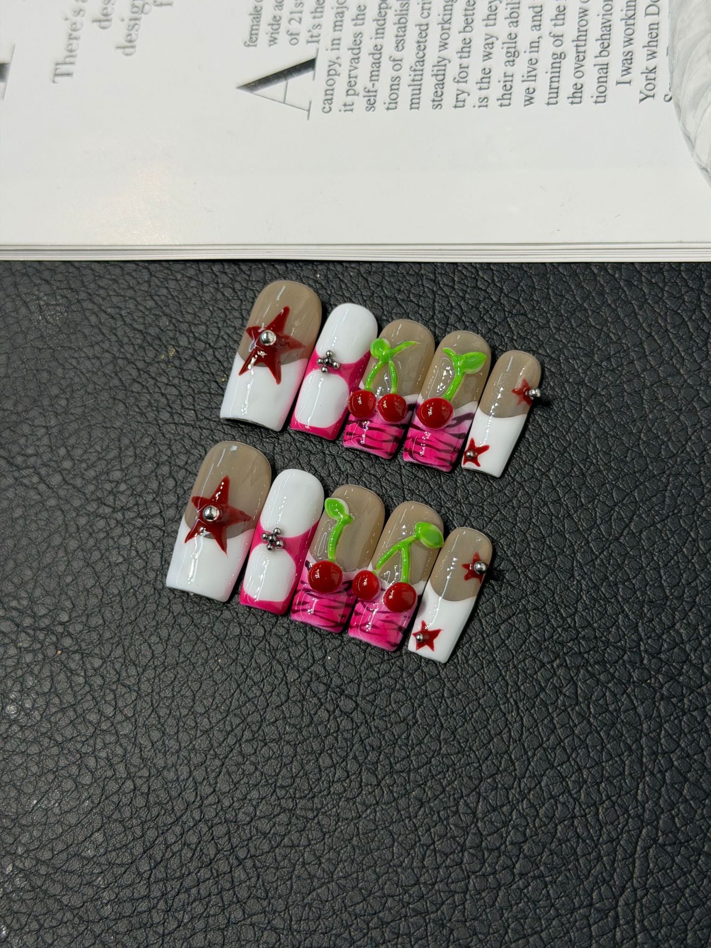 365nails: "Cherry Pop Star" – 3D Cherry & Star Handmade Square Nails