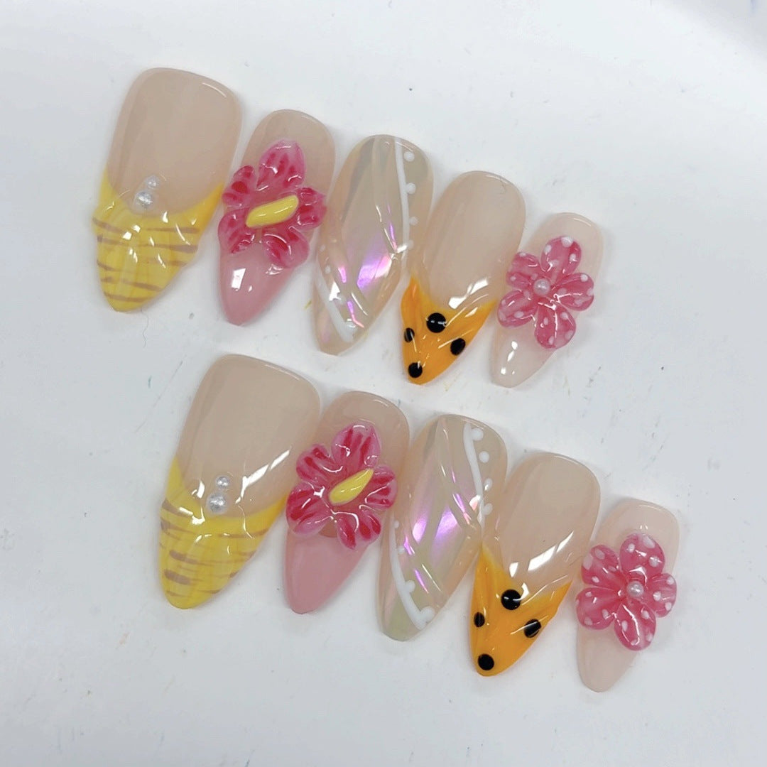 Summer Garden: "Bumblebee Bloom" – Medium Almond Handmade Press On Nails