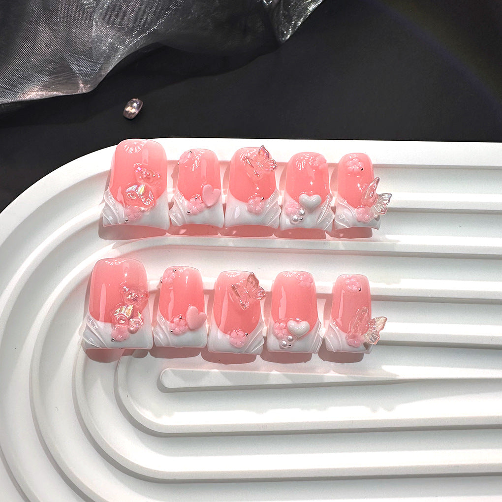 Pink Jelly French Nails with Bear and Butterfly Accents