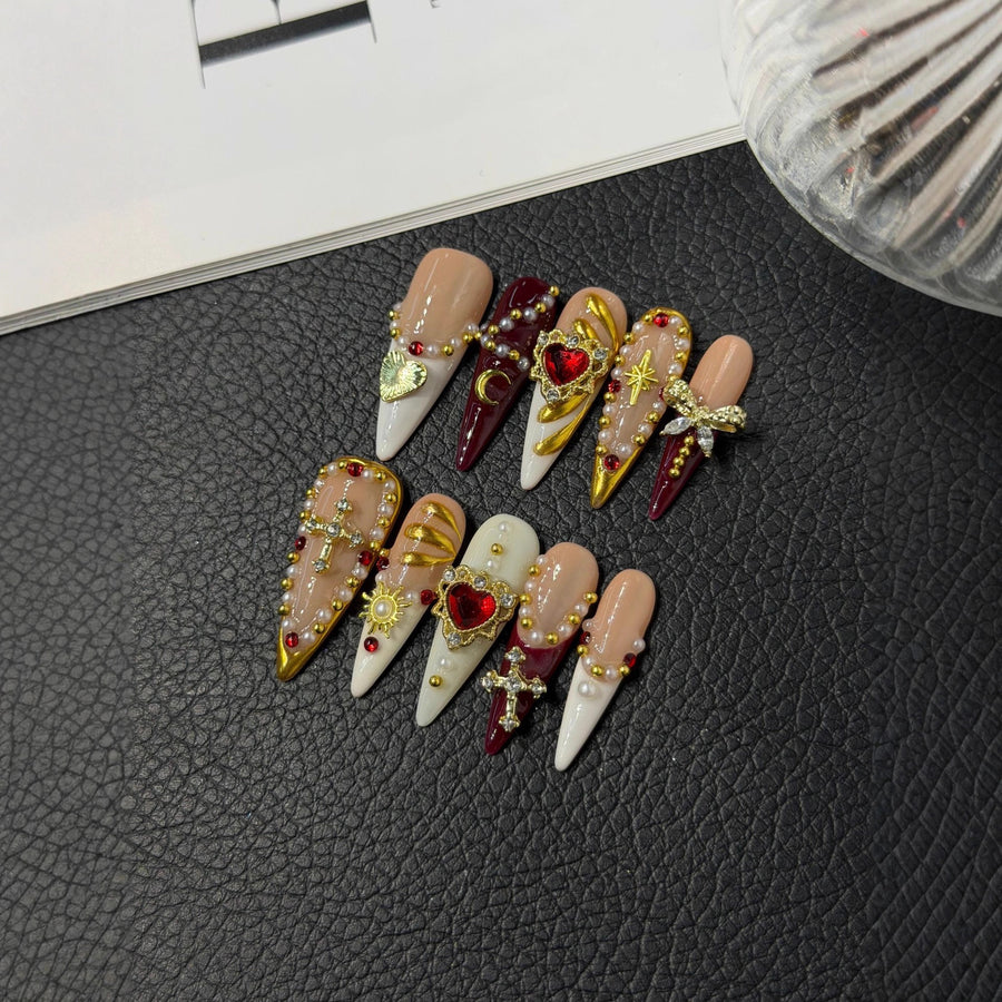 365nails: "Gilded Heart" – 3D Luxury Cross & Jewel Handmade Long Stiletto Nails