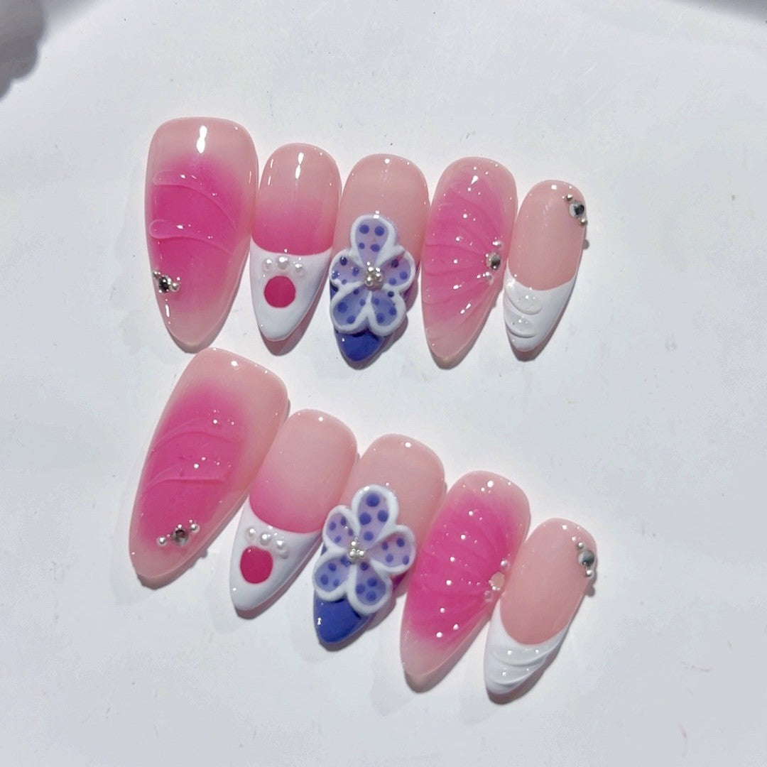 365nails: "Laço Floral Corado" – Unhas Postiças Artesanais Rosas-Arroxeada Românticas Médias Amendoadas