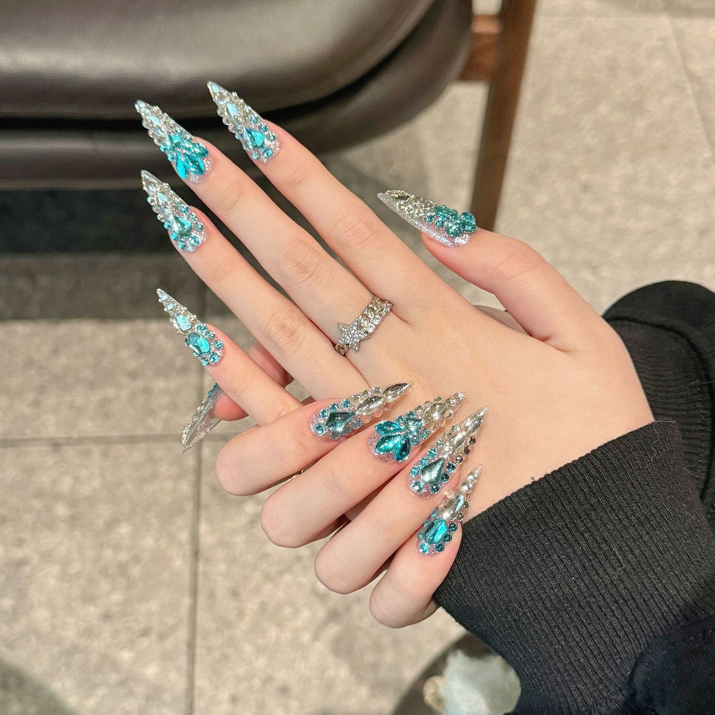 Light luxury full of diamonds and flash blue seabed pure handmade nails | 365nails