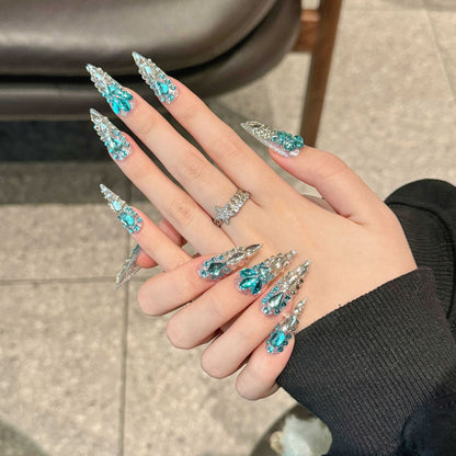 Light luxury full of diamonds and flash blue seabed pure handmade nails | 365nails