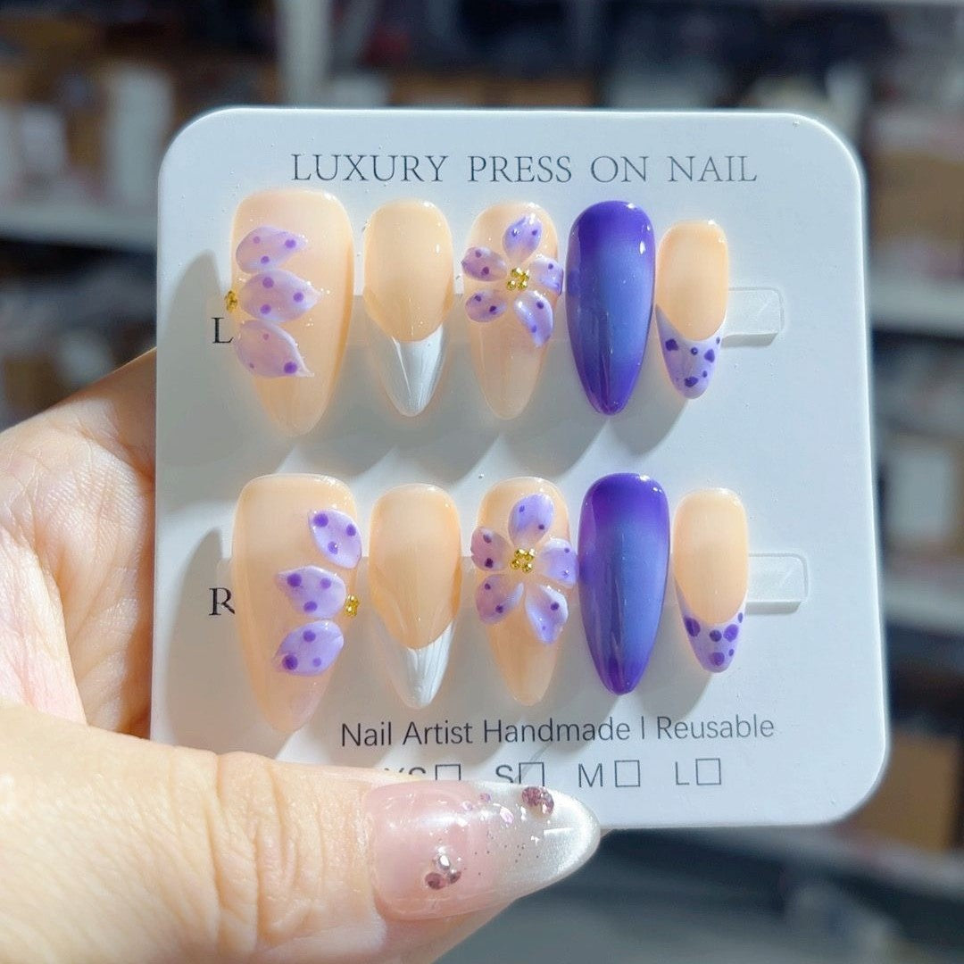 Purple Fantasy: "Lavender Bloom" – Almond Shape Handmade 3D Carved Press-On Nails