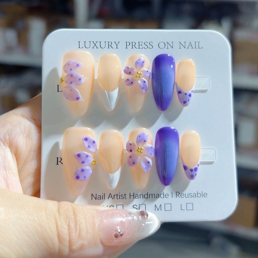 Purple Fantasy: "Lavender Bloom" – Almond Shape Handmade 3D Carved Press-On Nails