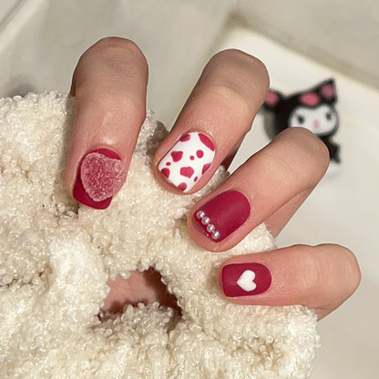 Three-dimensional cartoon strawberry bear pure handmade press-on nails removable nail art autumn and winter short hand-painted love nail art｜365nails