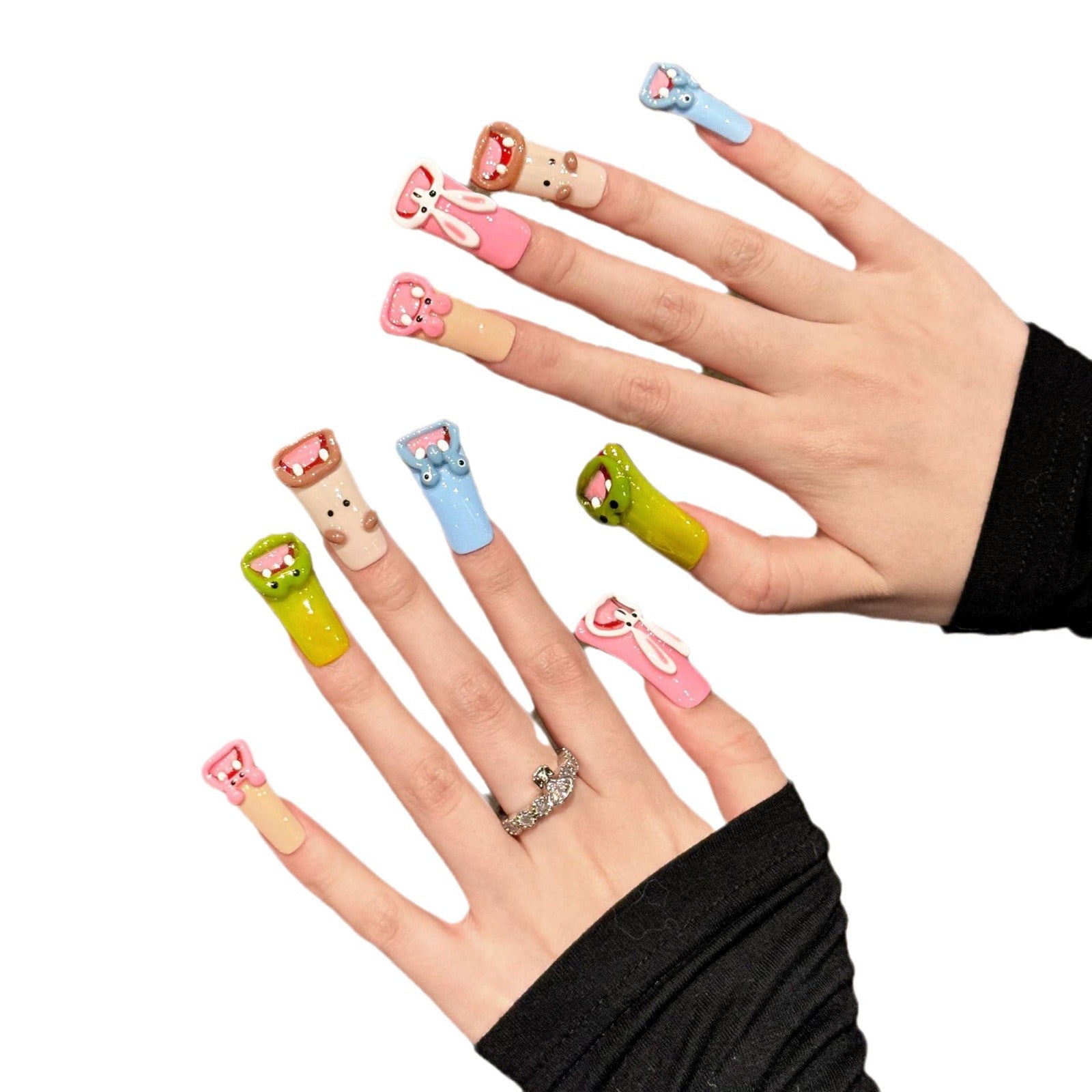 Sapo, sapo, bico de pato, divertido, desenho animado, feio, fofo, boca grande, arte de unha, produto final, unhas postiças removíveis, puras, feitas à mão | 365nails