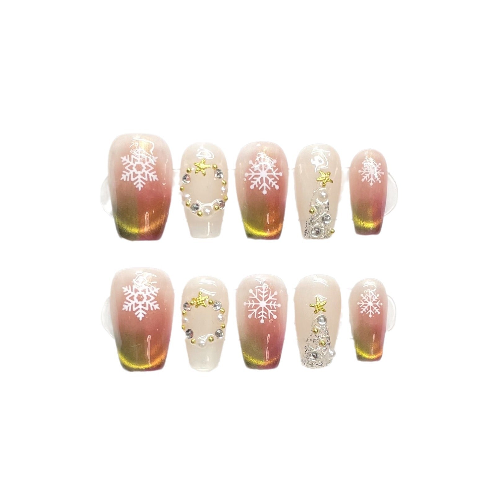 Gold and Pink Gradient Christmas Press‑On Nails – Snowflake & Tree Design