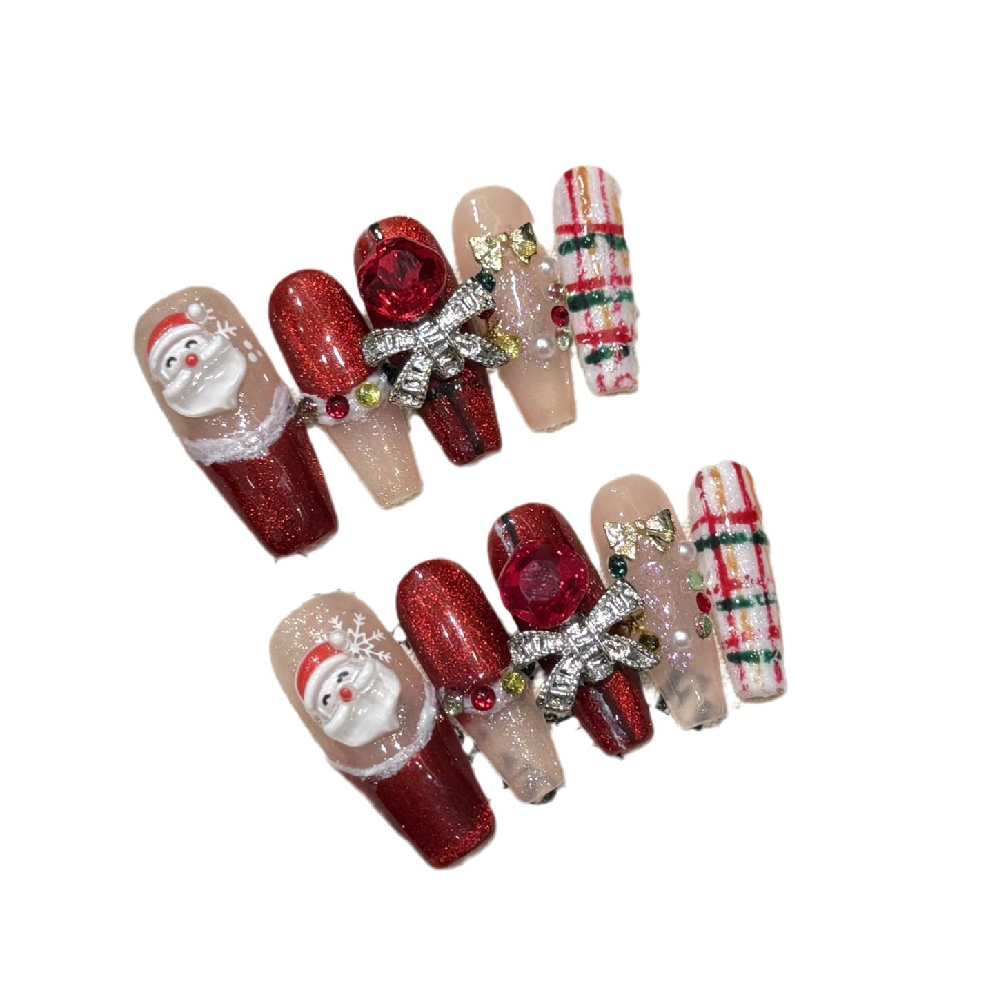 Luxury Santa Christmas Press‑On Nails – Red Plaid & Bow Design