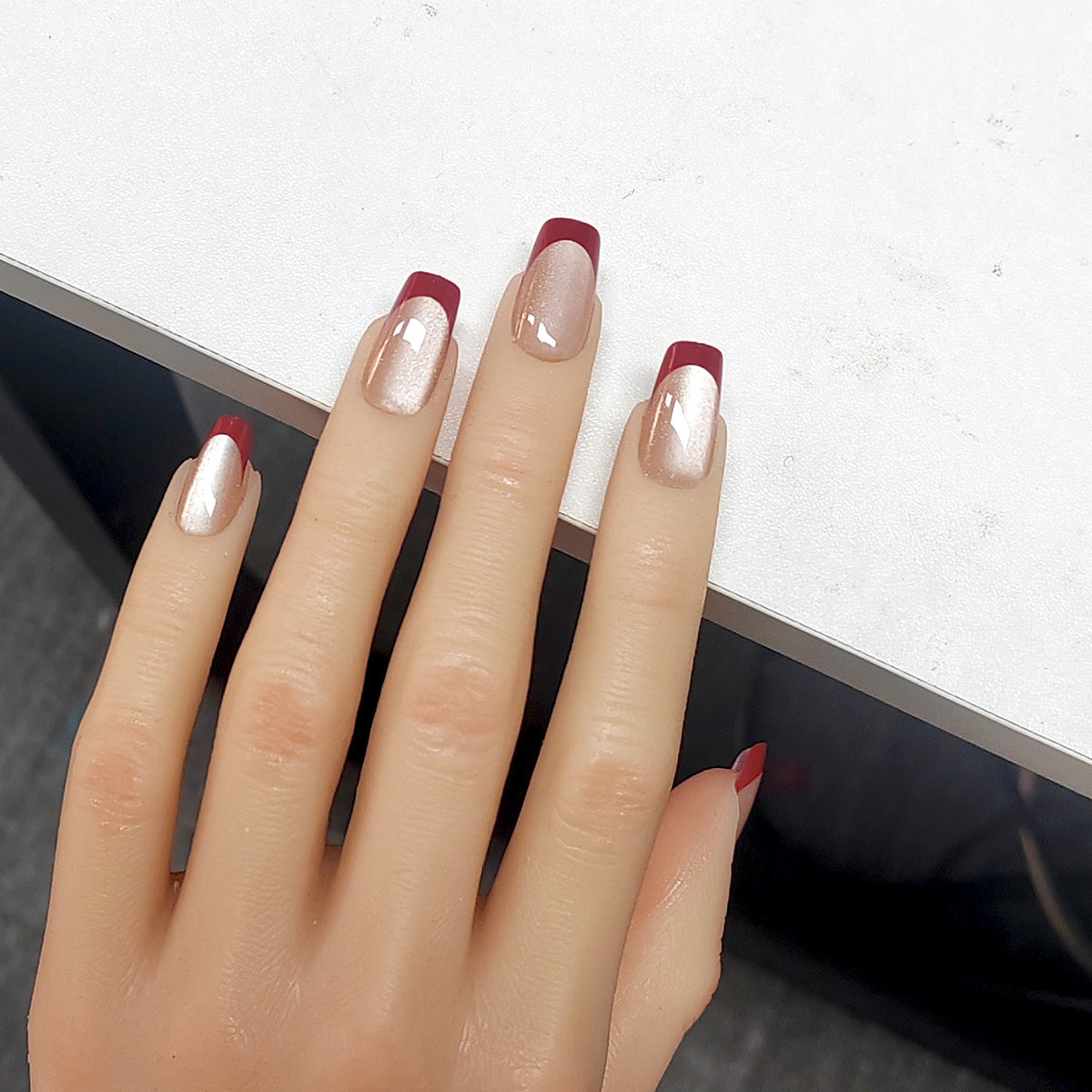 365nails Minimalist: "Ruby Cat Eye French" – Medium Almond Press On Nails (30pcs)