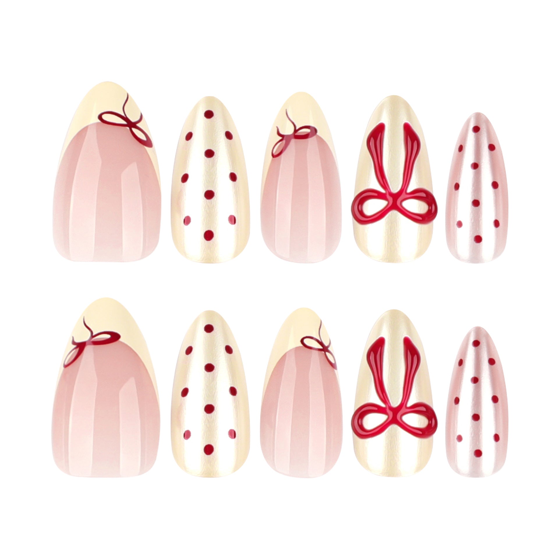 "Cream & Red Bow Polka" - Precision Crafted Press-On Nails